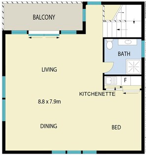 A floor plan with a balcony, living area, dining area, kitchenette, and a bathroom.