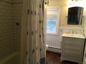 Combined shower/tub, hair dryer, towels, shampoo