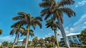 A beachfront property with palm trees, a white building, and a clear blue sky. - Perfect for a Beach Getaway, Great View and Near the Pool, B2613A (Cape Haze)