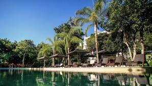 A poolside area with lounge chairs and umbrellas, surrounded by palm trees and a clear sky.