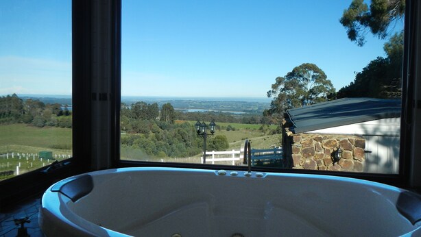 A large bathtub with a view of a scenic landscape through a window.