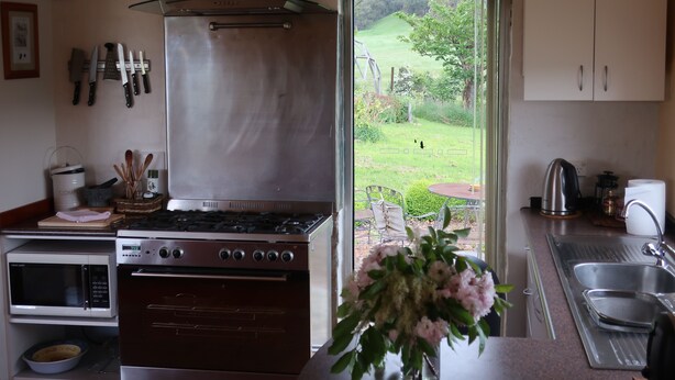 Une cuisine équipée d’une cuisinière, d’un four et d’un four à micro-ondes, d’un évier et donnant sur un jardin.