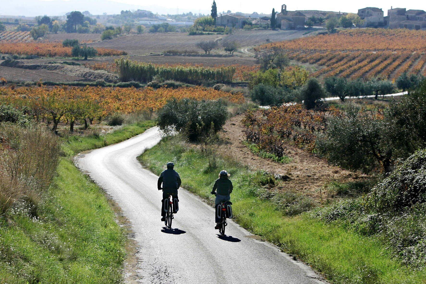 Un camino rural con dos ciclistas pedaleando.