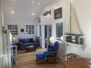 Télévision, cheminée, lecteur de DVD, livres