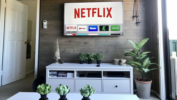 A living room with a mounted TV displaying the Netflix logo, a white entertainment unit with books and decorative items, and a potted plant. - Yowie 3 - (Yowie Lodge) (Jindabyne)