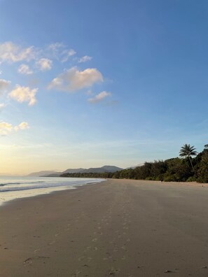 A beach with a clear sky, a sandy shore, and a line of trees.