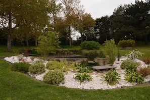 A landscaped garden with a pond, various plants, and a wooden bench.