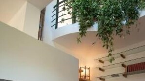 A modern living room with a fireplace, a television, and a staircase with a hanging plant. - Large modern villa surrounded by olive trees, , 20 minutes to Rome          (Sacrofano)