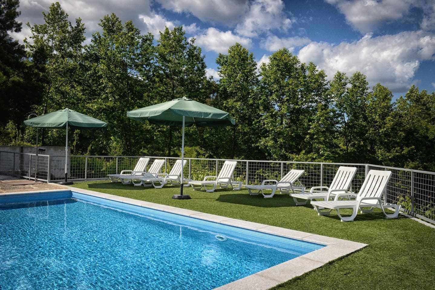 Une piscine entourée d’une clôture en métal et d’arbres, avec des chaises longues blanches et des parasols verts.