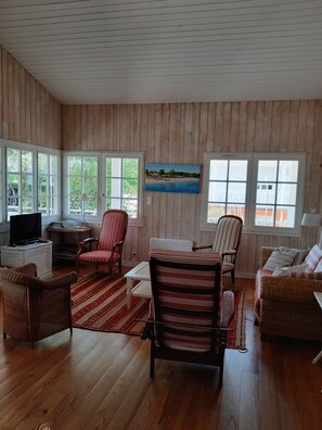 Télévision, lecteur de DVD, table de tennis de table, livres