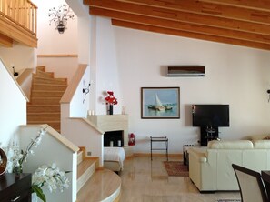 Fernseher, Kamin, DVD-Player, Bücher