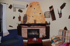 Televisión, chimenea, libros, estéreo
