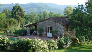 A stone house with a patio, surrounded by lush greenery and a view of rolling hills. - Tuscan house in idyllic scenic tranquility in hills between Lucca and sea WiFi   (torcigliano)