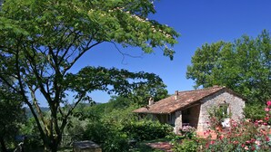 A rustic stone house with a tiled roof, surrounded by lush greenery and flowering plants. - Tuscan house in idyllic scenic tranquility in hills between Lucca and sea WiFi   (torcigliano)
