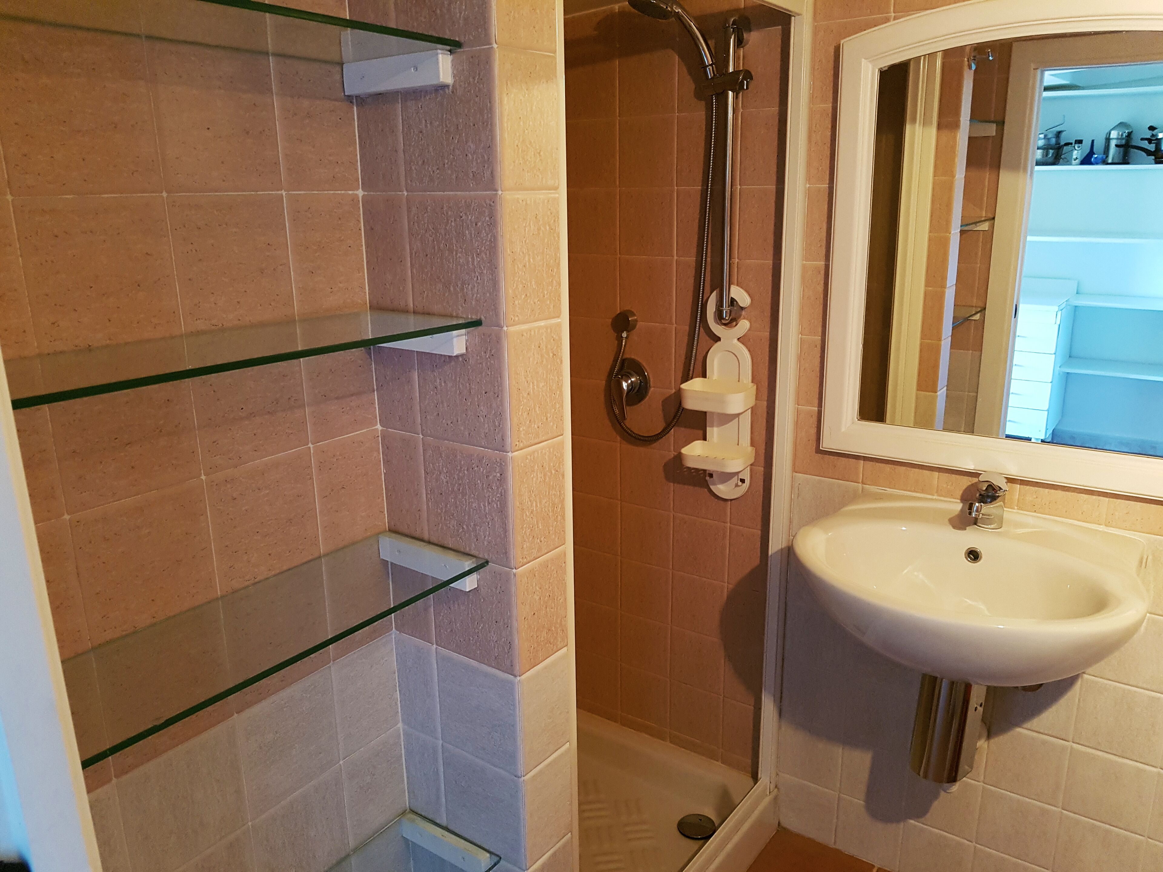 A bathroom with a sink, mirror, and glass shelves.