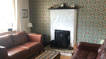 Smart TV, fireplace, DVD player, books