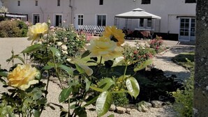 A building with a white facade, multiple windows, and a covered outdoor seating area. - 18th century renovated farmhouse situated in a quiet farming hamlet (Montreuil-Bellay)