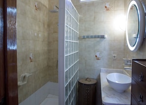 Bathtub, hair dryer, towels, soap