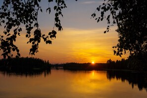 Ein Sonnenuntergang über einem ruhigen See mit Baum-Silhouetten und blauem Himmel.
