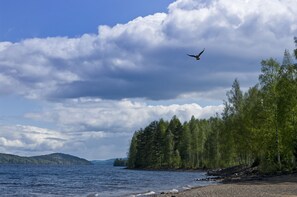 A beach with a forested area and a body of water. - Comfortable Swedish house in a prime location on Lake Rottnan with its own shoreline (Gräsmark)