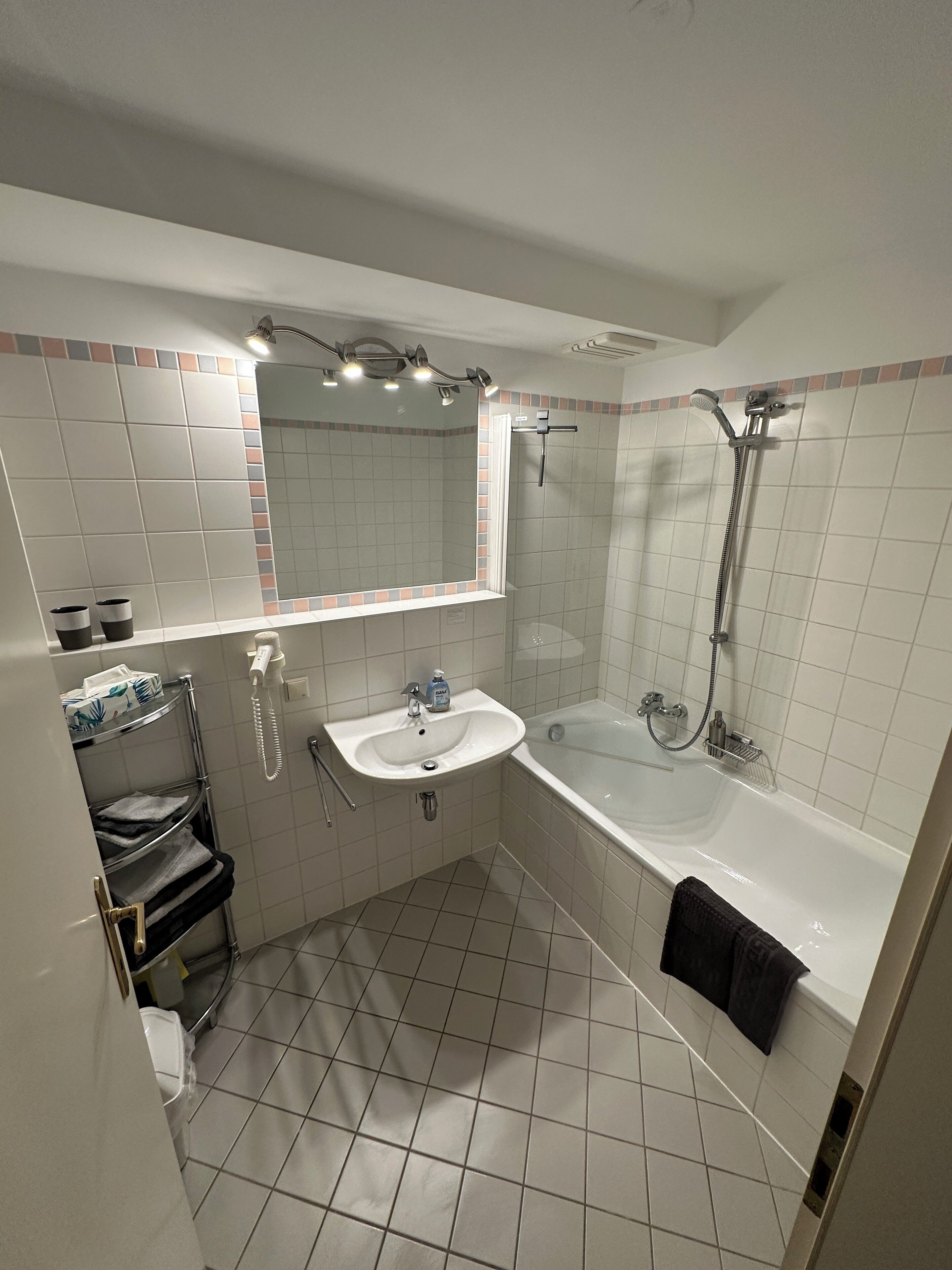 Bañera con ducha, secador de pelo, toallas, jabón