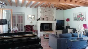 Televisie, een open haard, een dvd-speler en tafelvoetbal