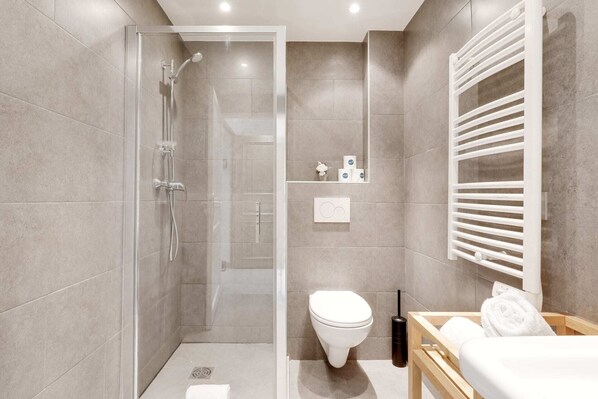 Shower, hair dryer, towels