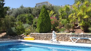 Una piscina con una estatua, rodeada de plantas diversas y un muro de piedra.