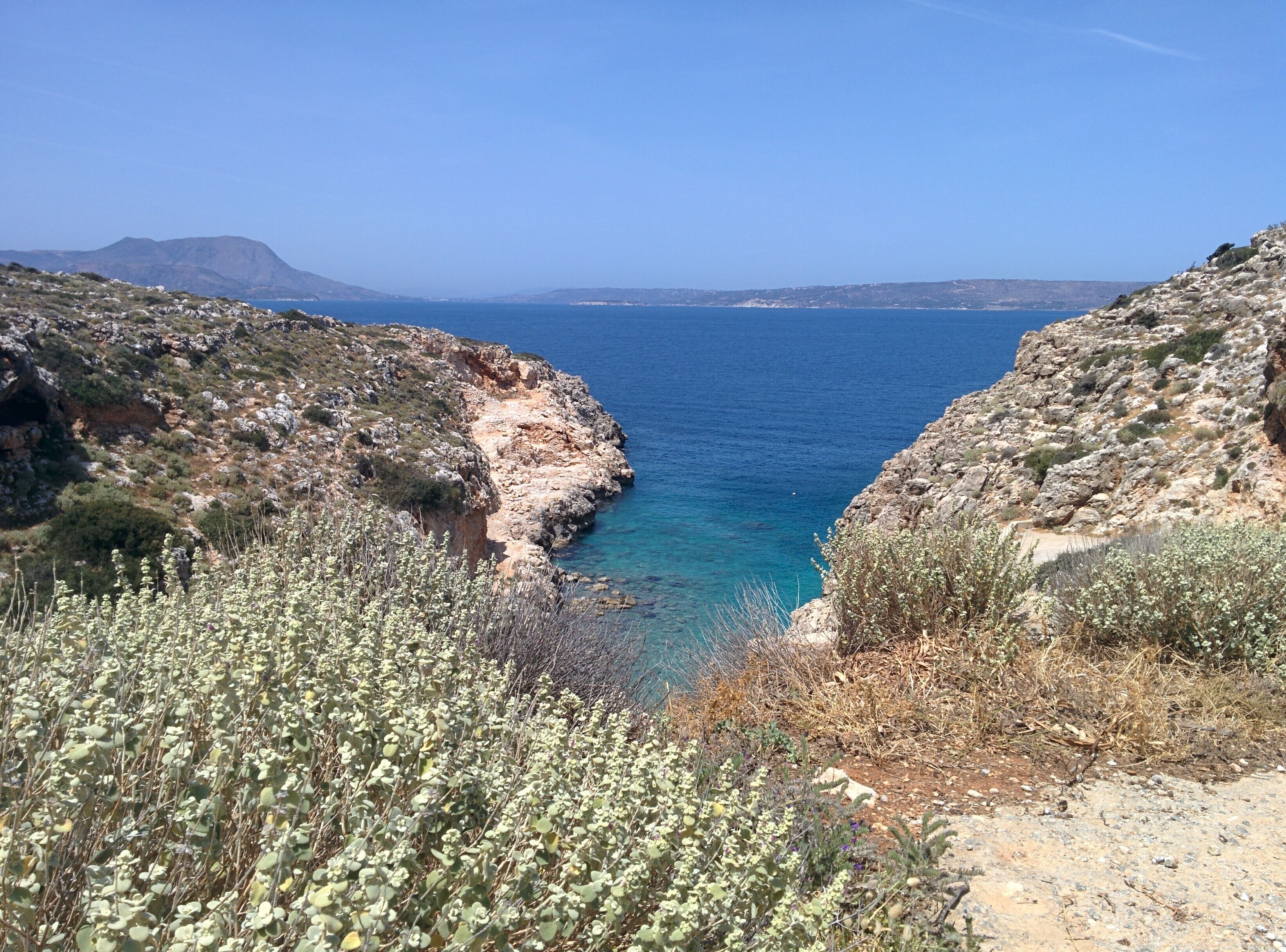 A coastal landscape with rocky terrain and sparse vegetation.