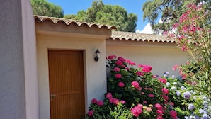 Un edificio con puerta de madera y tejado de tejas, rodeado de flores vibrantes de color rosa y morado.