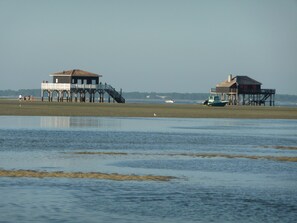On the beach, sun-loungers