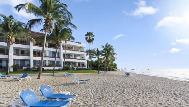 A beach with blue lounge chairs, palm trees, and a hotel building in the background. - Corner Unit in the Building That (San Miguel)