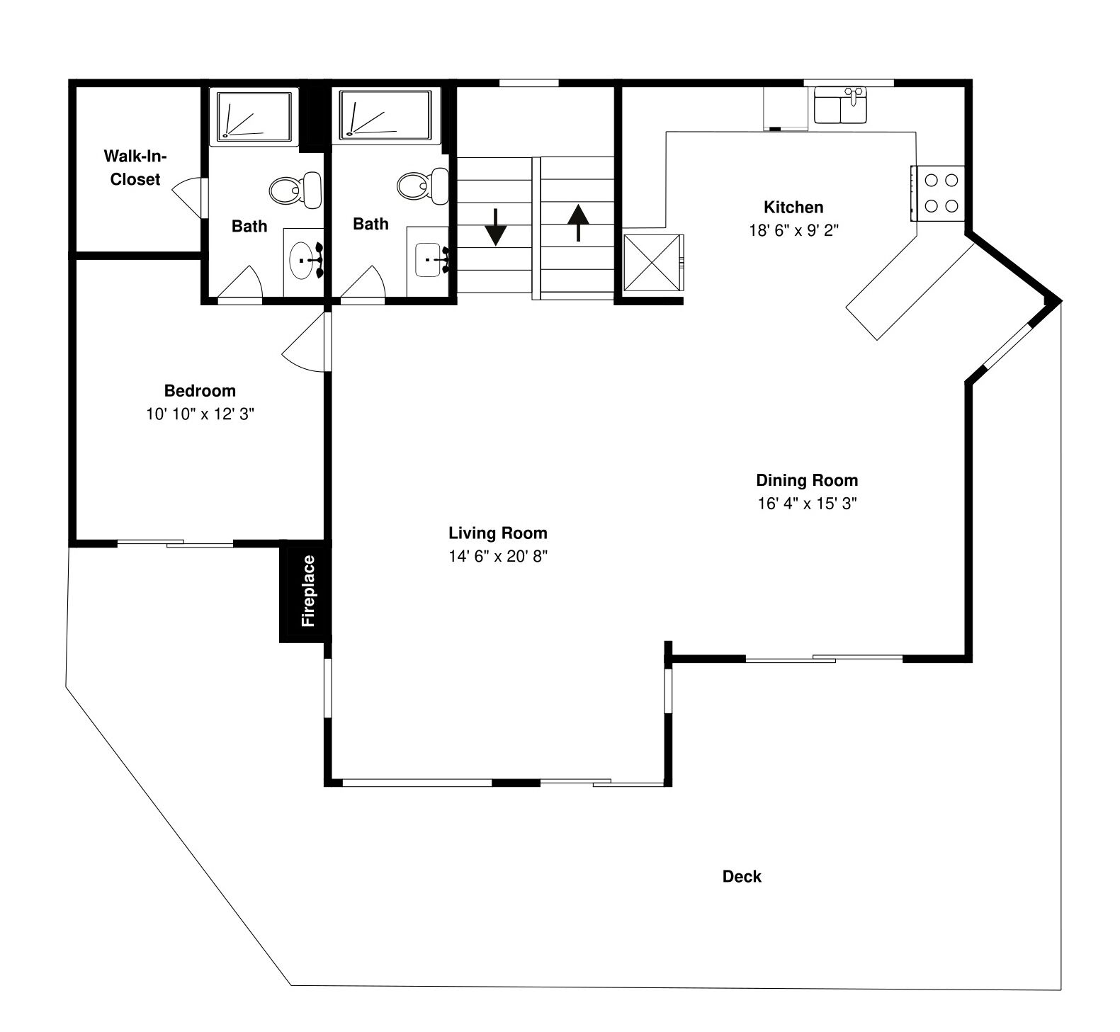 A floor plan with a bedroom, living room, dining room, kitchen, bathroom, and a fireplace.