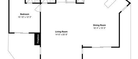 A floor plan with a bedroom, living room, dining room, kitchen, bathroom, and a fireplace.
