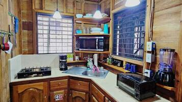 Fridge, microwave, stovetop, coffee/tea maker