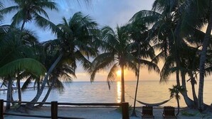 Eine Strandansicht mit Palmen und einem Sonnenuntergang.
