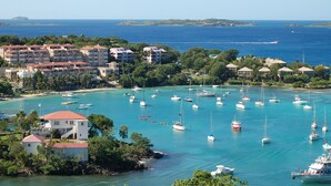 Una zona costiera con diversi edifici, una marina piena di barche e una vista limpida sul mare.