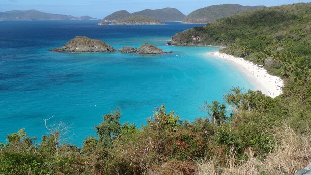 Paesaggio costiero con acque turchesi cristalline, spiaggia sabbiosa e rigogliosa vegetazione.