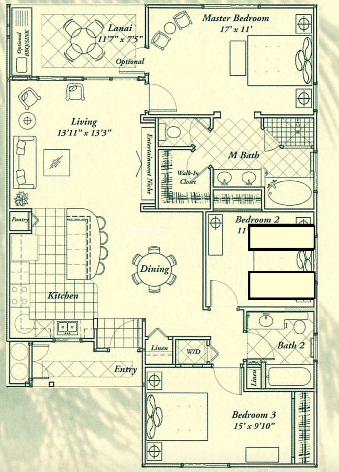 A floor plan of a house with a master bedroom, two bathrooms, a dining area, a kitchen, a living room, and a lanai.