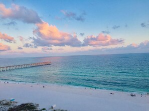 On the beach, sun-loungers, beach towels