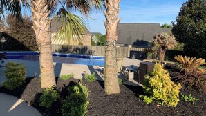 Ein Garten mit Swimmingpool, Palmen und unterschiedlichen Pflanzen.