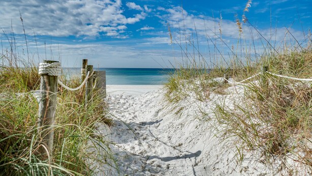 A sandy beach path leading to the ocean, with a wooden post and rope barrier. - Beachfront | 1st Floor Condo | Mariner West | Pool (Panama City Beach)