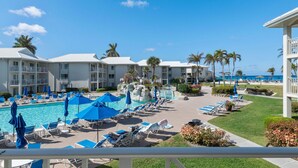 A resort with a swimming pool, lounge chairs, and palm trees.
