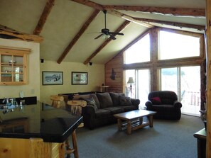 Televisión, chimenea, reproductor de DVD y videoteca 