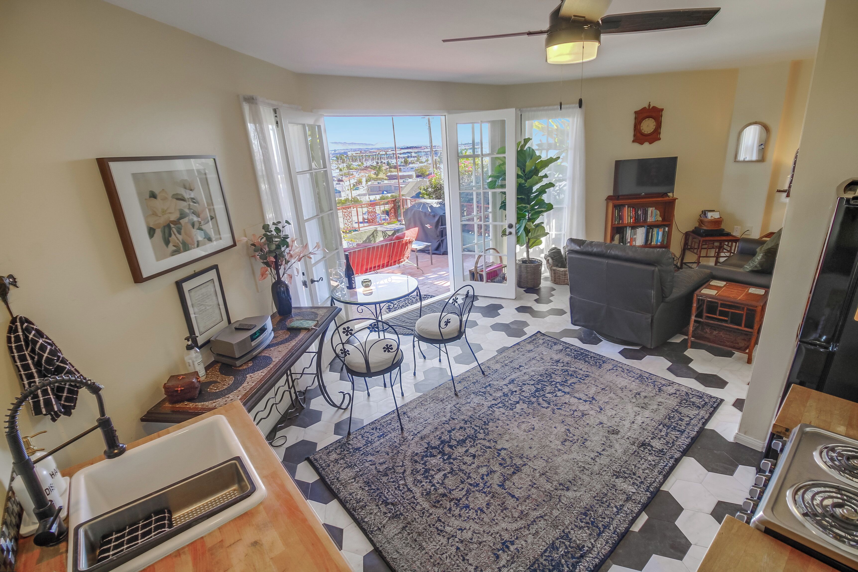 Smart TV, fireplace, DVD player, books