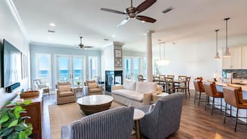 Smart TV, fireplace, DVD player, music library