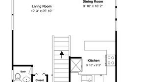 Plànol d'una casa que mostra un saló de 3,7 metres per 7,9 metres, un menjador de 3 metres per 4,9 metres i una cuina de 3 metres per 2,8 metres.