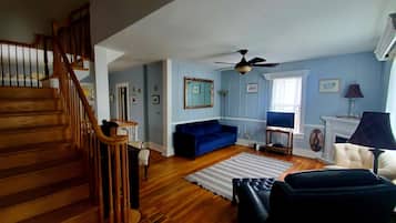 Smart TV, fireplace, DVD player, video library