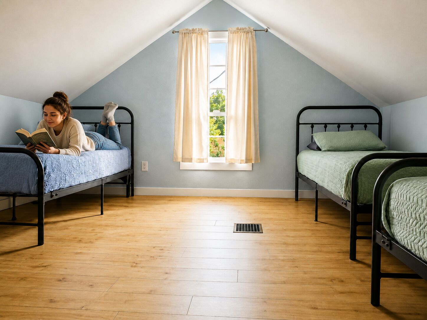 A dormitory room with two beds, a window with curtains, and a person reading a book.