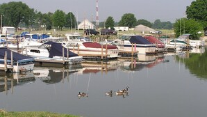 Un port de plaisance où plusieurs bateaux sont amarrés, une zone herbeuse au premier plan et quelques canards qui nagent dans l’eau.